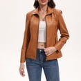thumbnail image 1 of WTOBBY Women's Faux Leather Moto Jacket Short Coat Biker Style Casual Outerwear Solid Color Zippered Front with Stand Collar Edgy Street Look for Night Out,Camel 2XL, 1 of 7