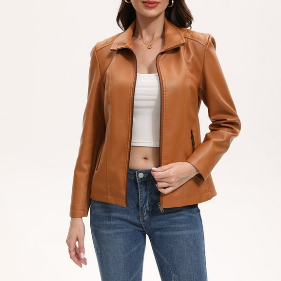 WTOBBY Women's Faux Leather Moto Jacket Short Coat Biker Style Casual Outerwear Solid Color Zippered Front with Stand Collar Edgy Street Look for Night Out,Camel 2XL
