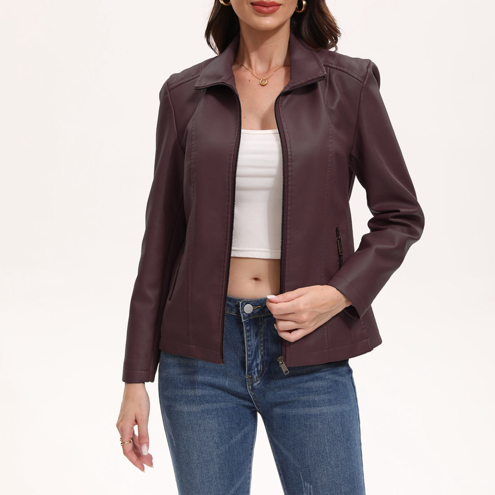 WTOBBY Women's Faux Leather Moto Jacket Short Coat Biker Style Casual Outerwear Solid Color Zippered Front with Stand Collar Edgy Street Look for Night Out,Coffee L