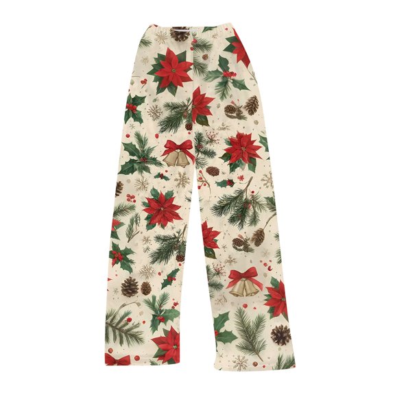 WTOBBY Women's Festive Christmas Print Pajama Bottoms, Soft and Comfortable Fleece-Lined Sleep Pants with Snowflake and Tree Designs, Casual Home Wear for Winter,Beige L