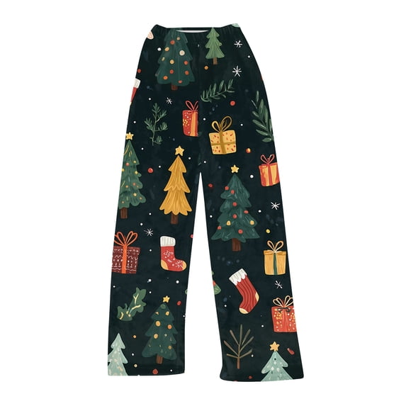 WTOBBY Women's Festive Christmas Print Pajama Bottoms, Soft and Comfortable Fleece-Lined Sleep Pants with Snowflake and Tree Designs, Casual Home Wear for Winter,Dark Green XS