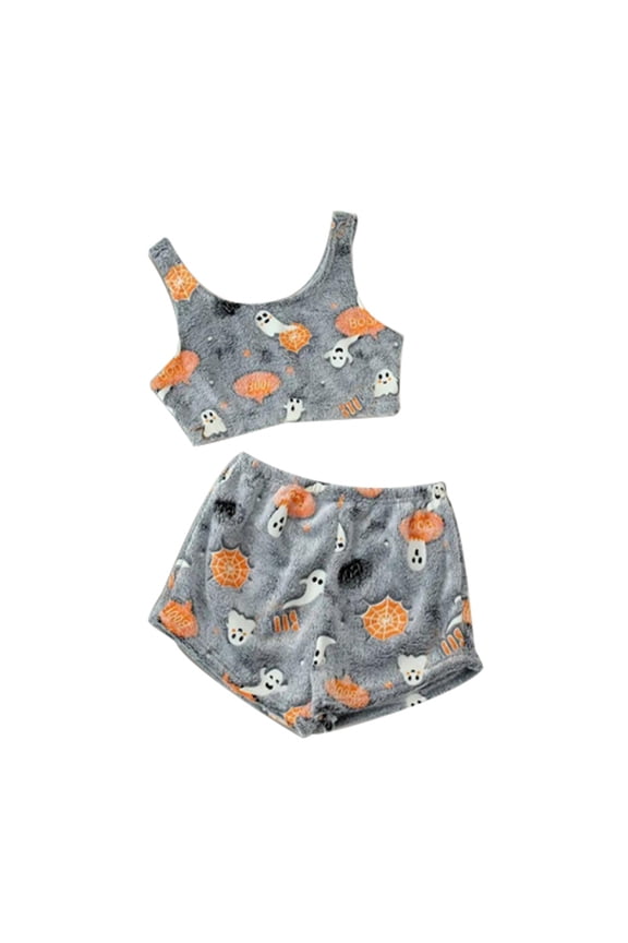 Women's Flannel Pajama Set Glow-in-Dark Pumpkin Print Sleeveless Vest & Pants Two-Piece Warm Sleepwear Fall Winter Loungewear,Black M