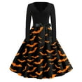 thumbnail image 1 of WTOBBY Women's Flared Halloween Dress Stylish with Bat and Pumpkin Print, V-Neck, Long Sleeves, Hollow Party Design for Casual Retro Fashion Wear ,Black L, 1 of 4