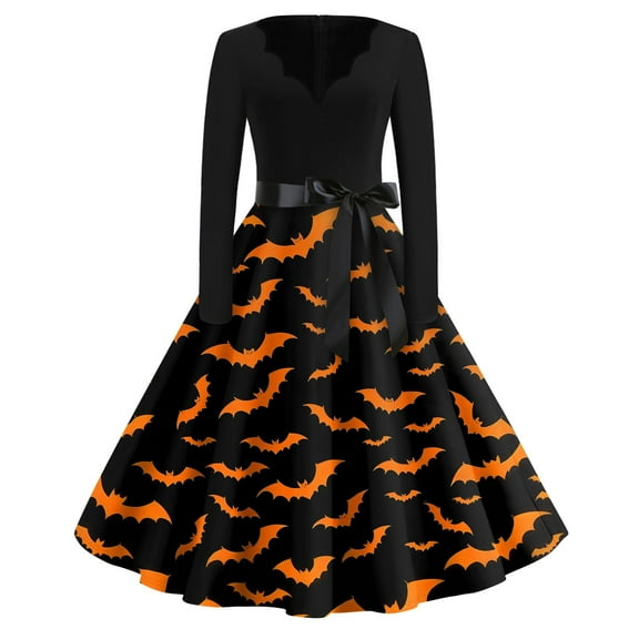 WTOBBY Women's Flared Halloween Dress Stylish with Bat and Pumpkin Print, V-Neck, Long Sleeves, Hollow Party Design for Casual Retro Fashion Wear ,Black L
