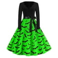 thumbnail image 1 of WTOBBY Women's Flared Halloween Dress Stylish with Bat and Pumpkin Print, V-Neck, Long Sleeves, Hollow Party Design for Casual Retro Fashion Wear ,Green L, 1 of 4