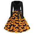 thumbnail image 1 of WTOBBY Women's Flared Halloween Dress Stylish with Bat and Pumpkin Print, V-Neck, Long Sleeves, Hollow Party Design for Casual Retro Fashion Wear ,Orange M, 1 of 4