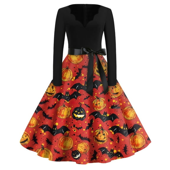 WTOBBY Women's Flared Halloween Dress Stylish with Bat and Pumpkin Print, V-Neck, Long Sleeves, Hollow Party Design for Casual Retro Fashion Wear ,Red L