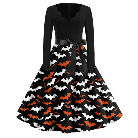 WTOBBY Women's Flared Halloween Dress Stylish with Bat and Pumpkin Print, V-Neck, Long Sleeves, Hollow Party Design for Casual Retro Fashion Wear ,White S