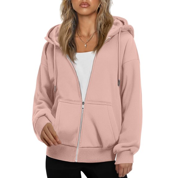 WTOBBY Women's Fleece Lined Full Zip Hooded Cardigan, Fashionable Loose Fit Casual Sweatshirt with Long Sleeve, Warm Winter Cozy Outerwear for Everyday,Light pink M