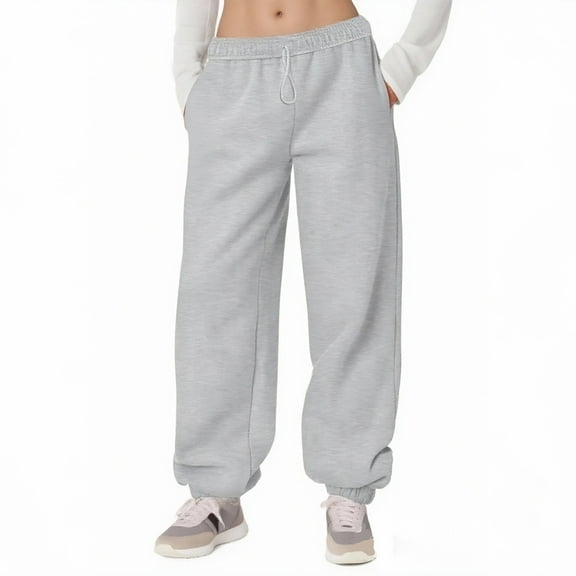 WTOBBY Women's Fleece Lined Sweatpants with Pockets Fall Winter Warm Solid Color Casual Cold Weather Lounge Pants,Light Gray S