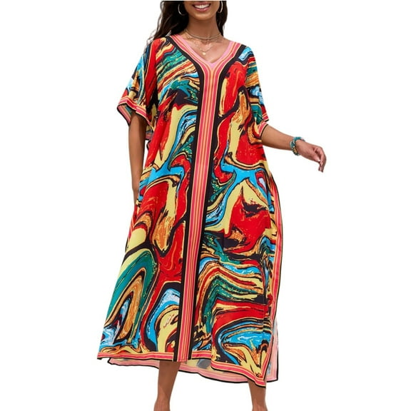 WTOBBY Women's Floral Cover Up Dress, Colorful Loose Fit Bikini Beach Robe Sun Protective Smock Free Size for Pool Vacation Resort Wear and Swim Cover,Wine