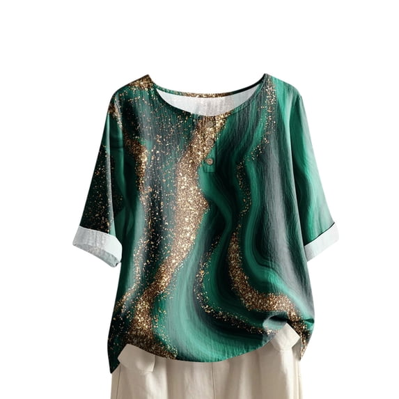 WTOBBY Women's Floral Geometric Print Cotton Linen Blouse with Half-Sleeve, Casual Round Neck Fashion Top for Fall Season, Comfortable Apparel,Dark Green S