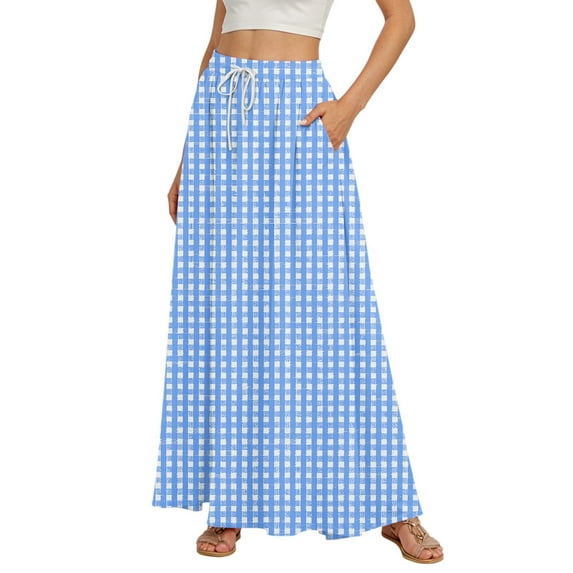 WTOBBY Women's Floral Gradient Print Flared Maxi Skirt Ruffle Hem A-Line Long Skirt Elastic Waist Elegant Tiered Layer Boho Skirt with Vintage Stripe Pattern,Light Blue XL