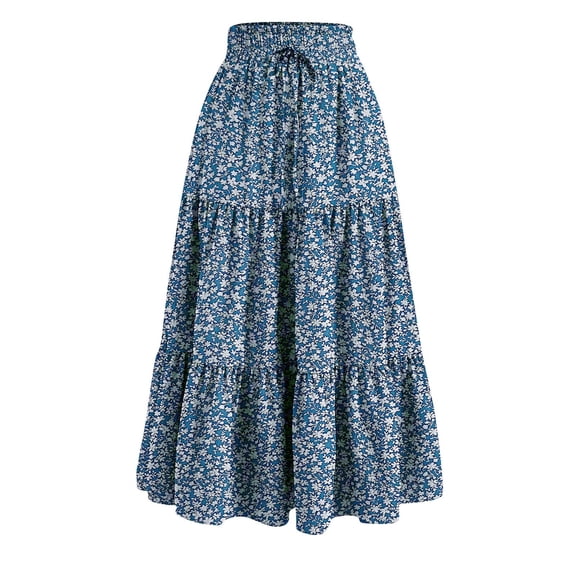 WTOBBY Women's Floral Lace Maxi Skirt Elastic Waist Boho Long Skirt Casual Beach Summer Skirt with Drawstring Lightweight Flowy Tiered Pleated Skirt for Vacation,Blue M