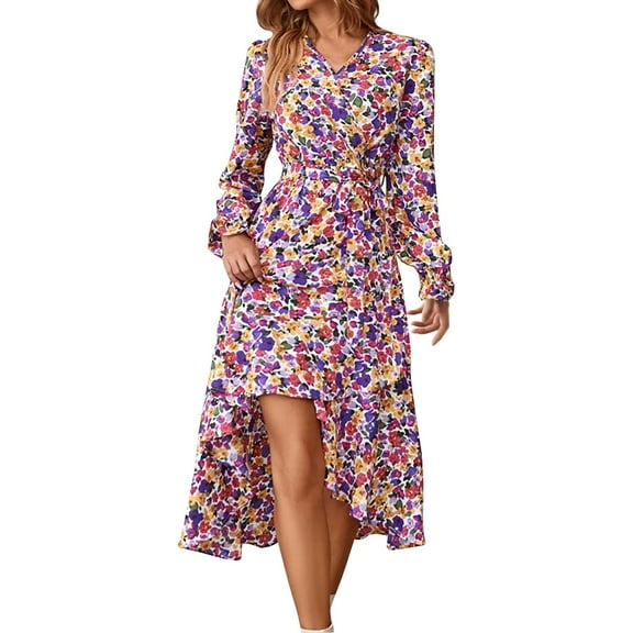 WTOBBY Women's Floral Pattern Tunic Long Sleeve Dress with Waist Tie Casual Flowy Silhouette for Everyday Elegance Versatile Print Design for Spring and Fall,Pink M