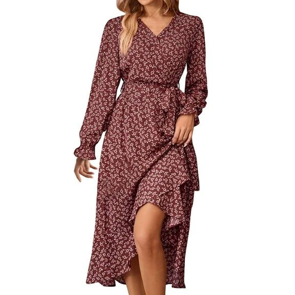 WTOBBY Women's Floral Pattern Tunic Long Sleeve Dress with Waist Tie Casual Flowy Silhouette for Everyday Elegance Versatile Print Design for Spring and Fall,Red M