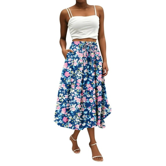 WTOBBY Women's Floral Print Bohemian Skirt Casual Temperament with Convenient Pocket, Lightweight Stylish Skirt for Beach Picnics Streetwear and Summer Events,Blue L