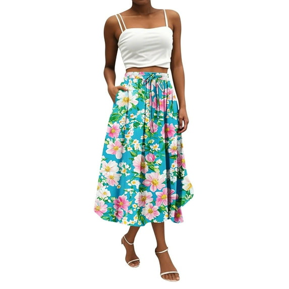 WTOBBY Women's Floral Print Bohemian Skirt Casual Temperament with Convenient Pocket, Lightweight Stylish Skirt for Beach Picnics Streetwear and Summer Events,Cyan 2XL