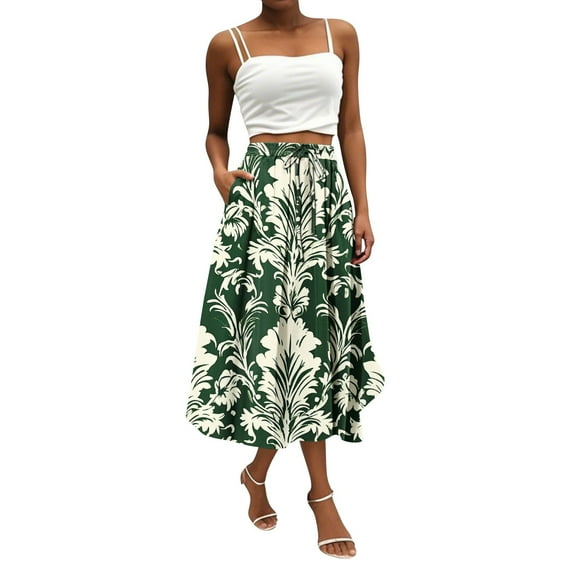 WTOBBY Women's Floral Print Bohemian Skirt Casual Temperament with Convenient Pocket, Lightweight Stylish Skirt for Beach Picnics Streetwear and Summer Events,Dark Green 2XL