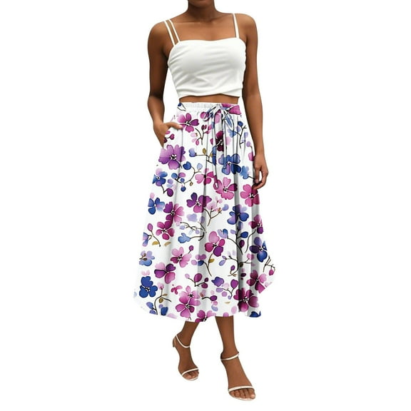 WTOBBY Women's Floral Print Bohemian Skirt Casual Temperament with Convenient Pocket, Lightweight Stylish Skirt for Beach Picnics Streetwear and Summer Events,Purple Pink S