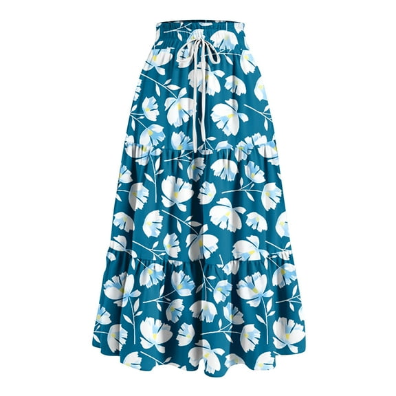 WTOBBY Women's Floral Print Bow Accent Maxi Skirt Pleated Tiered Long Skirt Casual Boho Skirt with Elastic Waist and Lightweight Flowy Fabric for Spring,Blue XL