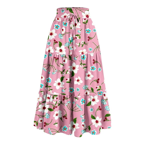 WTOBBY Women's Floral Print Bow Accent Maxi Skirt Pleated Tiered Long Skirt Casual Boho Skirt with Elastic Waist and Lightweight Flowy Fabric for Spring,Pink S