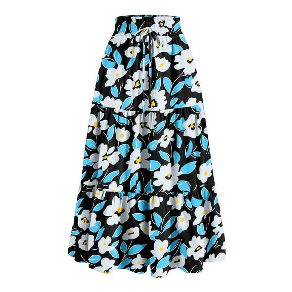 WTOBBY Women's Floral Print Bow Accent Maxi Skirt Pleated Tiered Long Skirt Casual Boho Skirt with Elastic Waist and Lightweight Flowy Fabric for Spring,Sky Blue XL