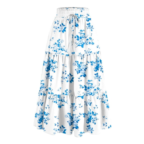 WTOBBY Women's Floral Print Bow Accent Maxi Skirt Pleated Tiered Long Skirt Casual Boho Skirt with Elastic Waist and Lightweight Flowy Fabric for Spring,White 2XL