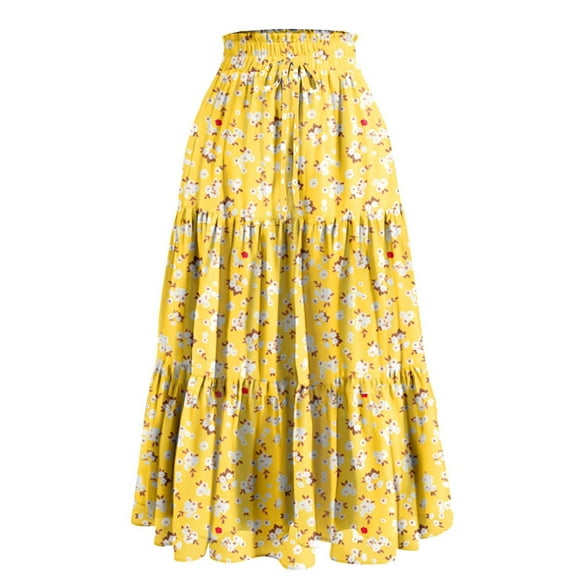 WTOBBY Women's Floral Print Bow Accent Maxi Skirt Pleated Tiered Long Skirt Casual Boho Skirt with Elastic Waist and Lightweight Flowy Fabric for Spring,Yellow XL