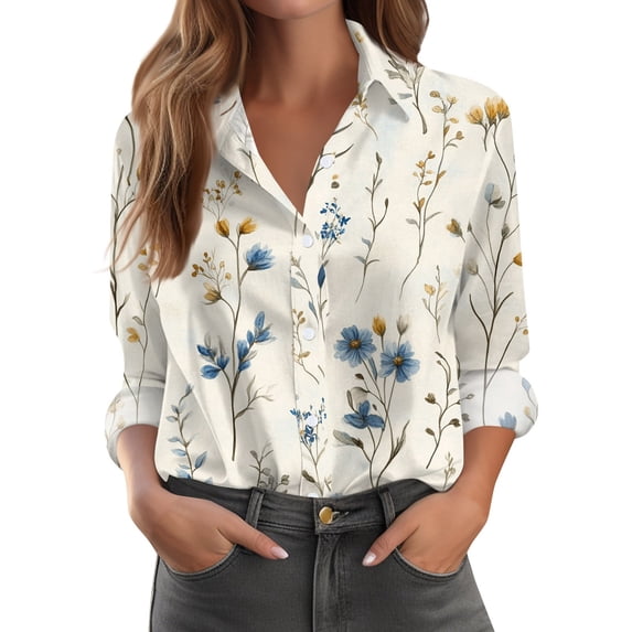 WTOBBY Women's Floral Print Button Down Long Sleeve Shirt, Classic Collar Casual Blouse Top with Soft Texture, Perfect for Spring Fall Office and Weekend,Beige L