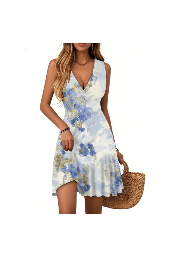 Women's Floral Print Casual Dress V-Neck Sleeveless Pleated Hem Summer Dress with Belted Waist for Date Nights and Romantic Evenings,Dark PurpleL