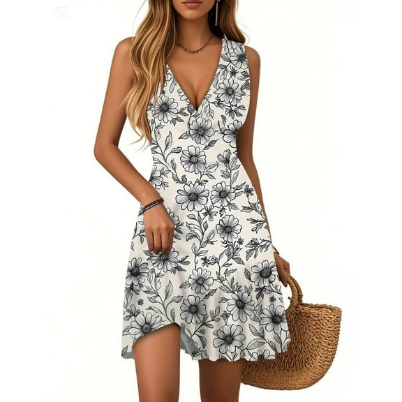 WTOBBY Women's Floral Print Casual Dress V-Neck Sleeveless Pleated Hem Summer Dress with Belted Waist for Date Nights and Romantic Evenings,GrayS