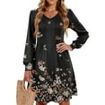 thumbnail image 1 of WTOBBY Women's Floral Print Casual V-Neck Long Sleeve Mid-Length Dress Fashion Comfortable Daily Wear with Elegant Style and Fit,Black L, 1 of 5