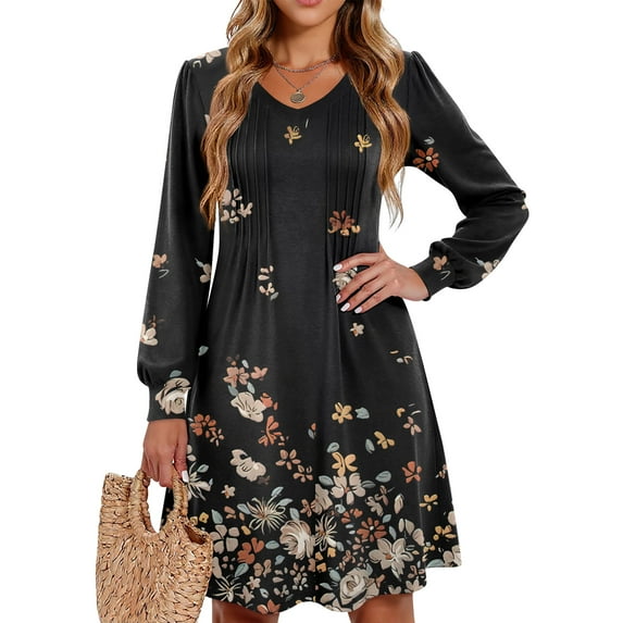 WTOBBY Women's Floral Print Casual V-Neck Long Sleeve Mid-Length Dress Fashion Comfortable Daily Wear with Elegant Style and Fit,Black L