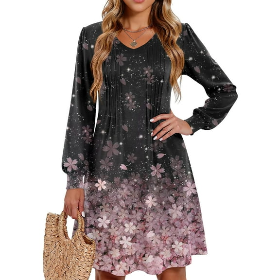 WTOBBY Women's Floral Print Casual V-Neck Long Sleeve Mid-Length Dress Fashion Comfortable Daily Wear with Elegant Style and Fit,Hot Pink S