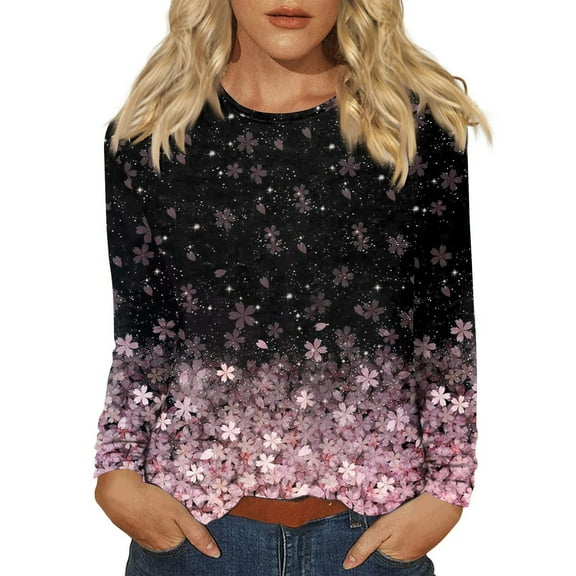 WTOBBY Women's Floral Print Fashion Long Sleeve Round Neck Hem Slit Top Casual Daily Wear Comfortable Fit Lightweight Fabric Perfect for Layering Breathable Material Trendy Wardrobe,Black S