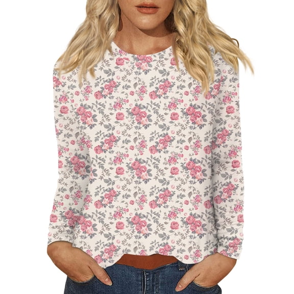 WTOBBY Women's Floral Print Fashion Long Sleeve T-shirt with Round Neck Top Casual Wear Comfort Fit Soft Material Lightweight Fabric Daily Outfit Essential Stylish Layering Piece,Pink 2XL