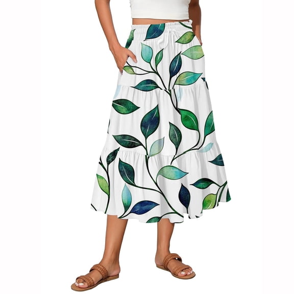 WTOBBY Women's Floral Print Flowy Flared Maxi Skirt with Ruffle Hem, A-Line Elastic Waist Elegant Tiered Layered Bohemian Long Skirt for Casual Summer and Beach Events,Green L