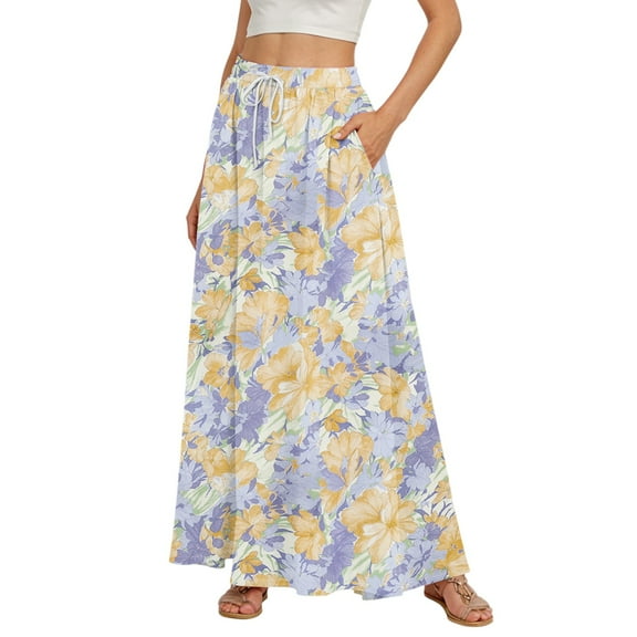 WTOBBY Women's Floral Print Flowy Flared Maxi Skirt with Ruffle Hem, A-Line Elastic Waist Elegant Tiered Layered Bohemian Long Skirt for Casual Summer and Beach Fashion,Light Purple S