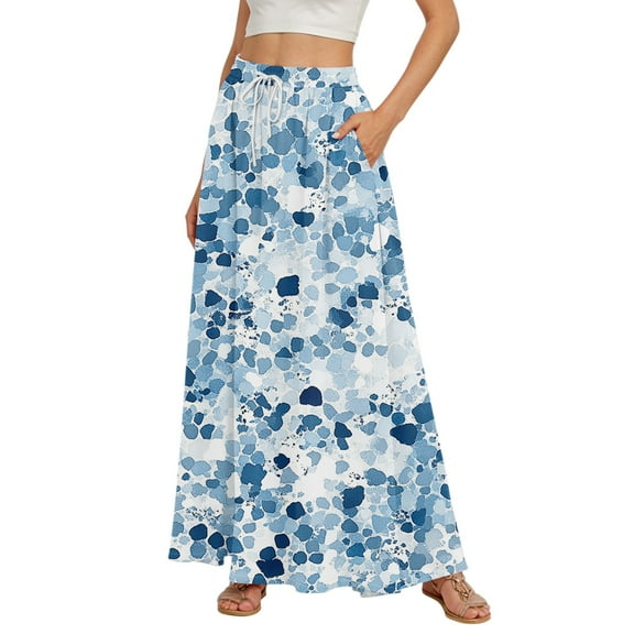 WTOBBY Women's Floral Print Flowy Flared Maxi Skirt with Ruffle Hem, A-Line Elastic Waist Elegant Tiered Layered Bohemian Long Skirt for Casual Summer and Beach Fashion,Blue L