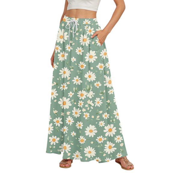 WTOBBY Women's Floral Print Flowy Flared Maxi Skirt with Ruffle Hem, A-Line Elastic Waist Elegant Tiered Layered Bohemian Long Skirt for Casual Summer and Beach Fashion,Light Green M
