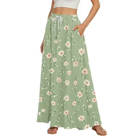 WTOBBY Women's Floral Print Flowy Flared Maxi Skirt with Ruffle Hem, A-Line Elastic Waist Elegant Tiered Layered Bohemian Long Skirt for Casual Summer and Beach Fashion,Mint Green S