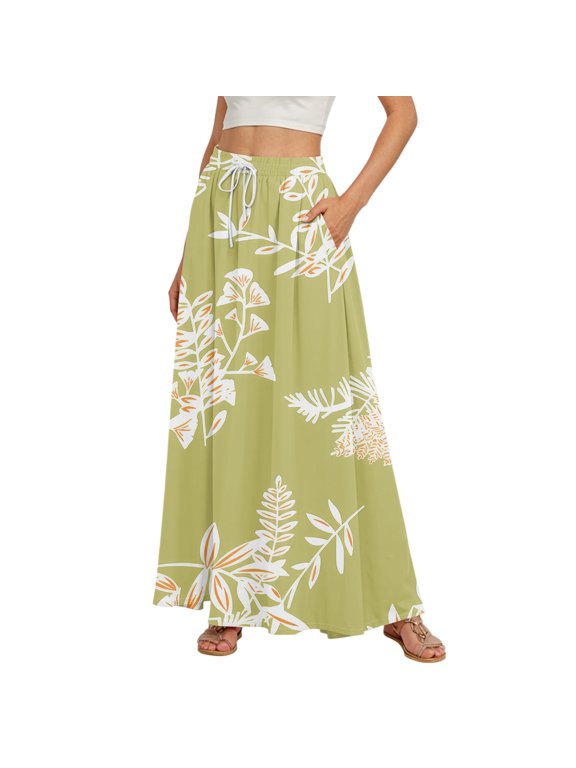 Women's Floral Print Flowy Flared Maxi Skirt with Ruffle Hem, A-Line Elastic Waist Elegant Tiered Layered Bohemian Long Skirt for Casual Summer Dresses and Boho Chic Style,Green 2XL