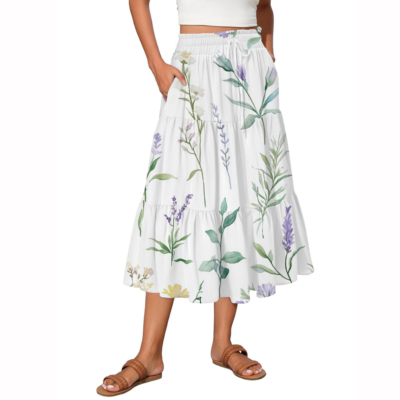 Ladies LDC Western Floral Print Ruffled Hem High Waist Maxi Skirt-Brown