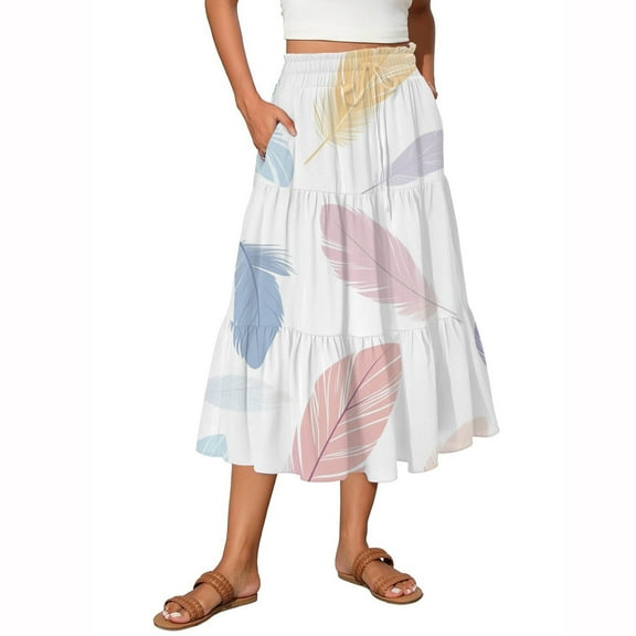 WTOBBY Women's Floral Print Flowy Flared Skirt with Ruffle Hem, A-Line Elastic Waist Elegant Tiered Layered Bohemian Long Skirt for Casual Summer and Beach Events,Light pink M