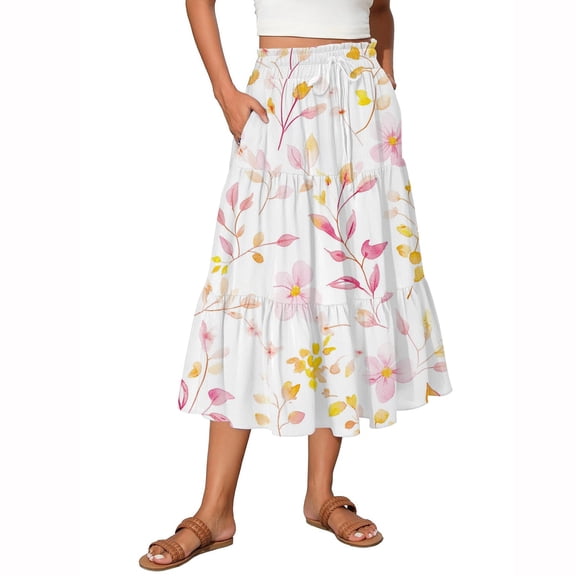 WTOBBY Women's Floral Print Flowy Flared Skirt with Ruffle Hem, A-Line Elastic Waist Elegant Tiered Layered Bohemian Long Skirt for Casual Summer and Beach Events,Pink M