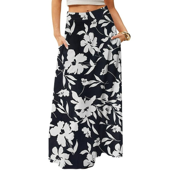 WTOBBY Women's Floral Print Flowy Maxi Skirt Bohemian Style Casual Summer Beach Long Skirt Elastic Waist Lightweight Tiered Pleated Skirt with Drawstring Waist,Dark Gray 2XL