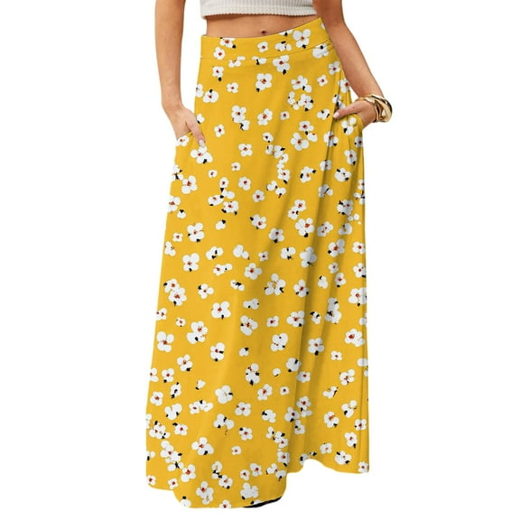 WTOBBY Women's Floral Print Flowy Maxi Skirt Bohemian Style Casual Summer Beach Long Skirt Elastic Waist Lightweight Tiered Pleated Skirt with Drawstring,Gold L