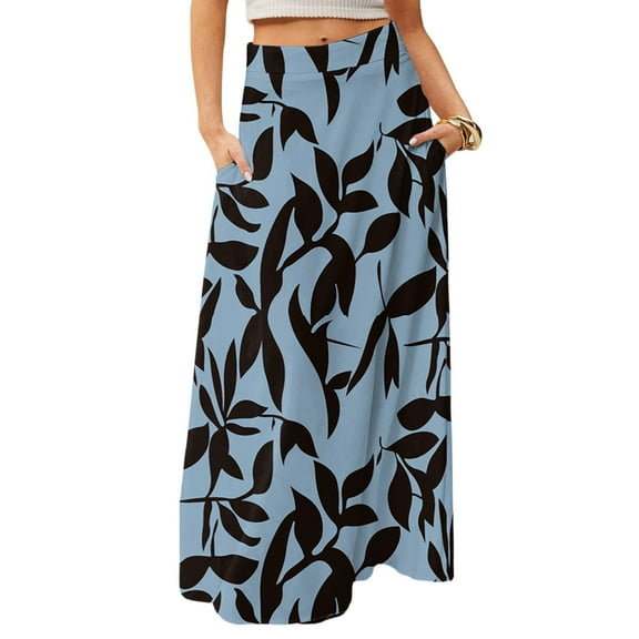 WTOBBY Women's Floral Print Flowy Maxi Skirt Bohemian Style Casual Summer Beach Long Skirt Elastic Waist Lightweight Tiered Pleated Skirt with Drawstring,Blue L