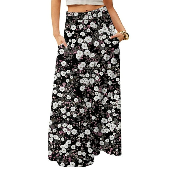WTOBBY Women's Floral Print Flowy Maxi Skirt Bohemian Style Casual Summer Beach Long Skirt Elastic Waist Lightweight Tiered Pleated Skirt with Drawstring Waist,Black 2XL